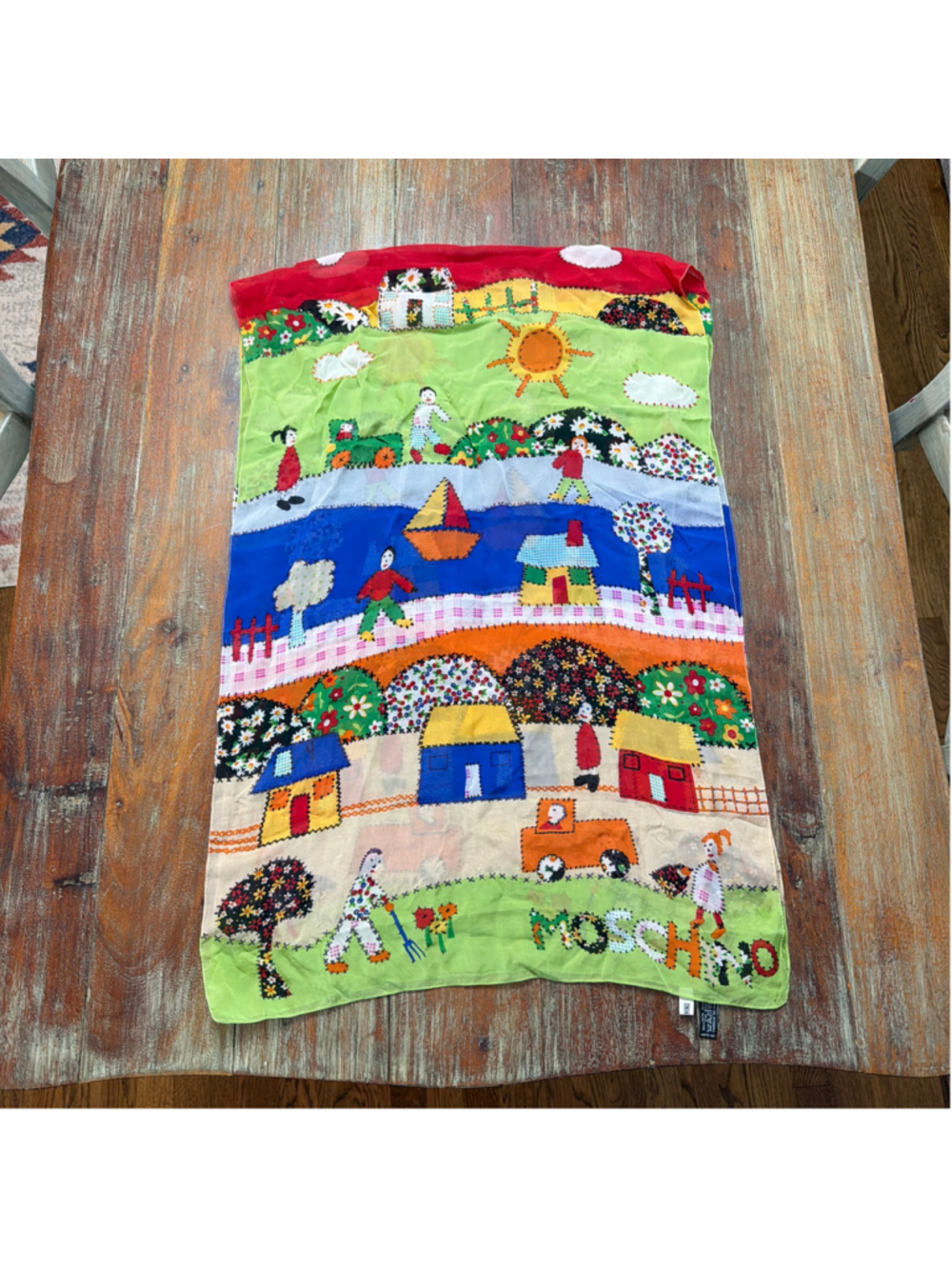 Moschino VTG Silk Chiffon Scarf Folk Art Country Village Landscape Made in Italy